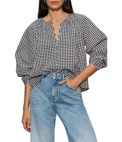 Sanctuary Perfect Gingham Button Front Split Neck Long Sleeve Top