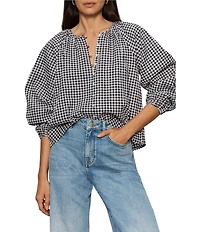 Sanctuary Perfect Gingham Button Front Split Neck Long Sleeve Top