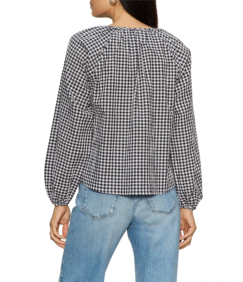 Sanctuary Perfect Gingham Button Front Split Neck Long Sleeve Top