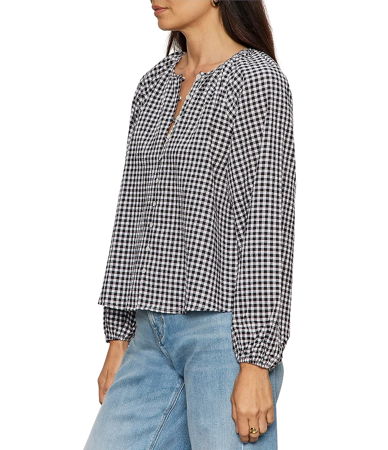 Sanctuary Perfect Gingham Button Front Split Neck Long Sleeve Top
