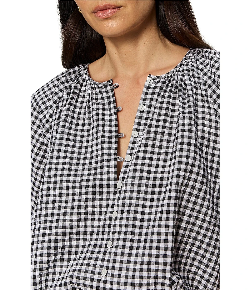 Sanctuary Perfect Gingham Button Front Split Neck Long Sleeve Top