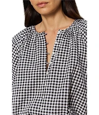 Sanctuary Perfect Gingham Button Front Split Neck Long Sleeve Top