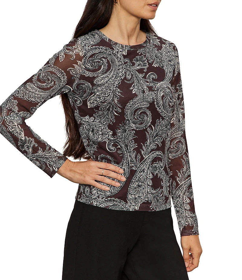 Sanctuary Perfect Mesh Paisley Print Crew Neck Long Sleeve Fitted Tee