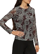 Sanctuary Perfect Mesh Paisley Print Crew Neck Long Sleeve Fitted Tee