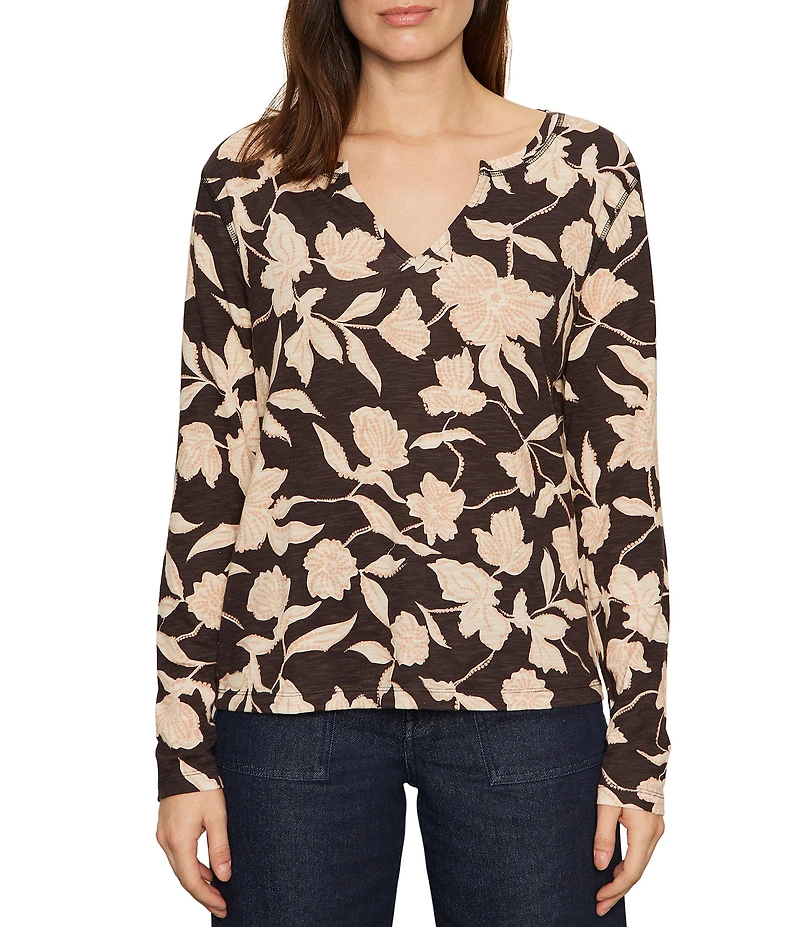 Sanctuary Perfect Notch Neck Floral Print Long Sleeve Jersey Knit Tee
