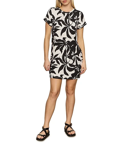Sanctuary Perfect Tee Remix Organic Cotton Blend Leaf Print Crew Neck Short Cuff Sleeve Mini Dress
