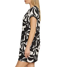Sanctuary Perfect Tee Remix Organic Cotton Blend Leaf Print Crew Neck Short Cuff Sleeve Mini Dress