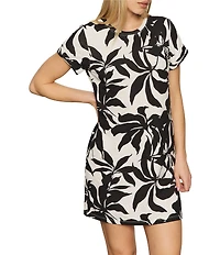 Sanctuary Perfect Tee Remix Organic Cotton Blend Leaf Print Crew Neck Short Cuff Sleeve Mini Dress