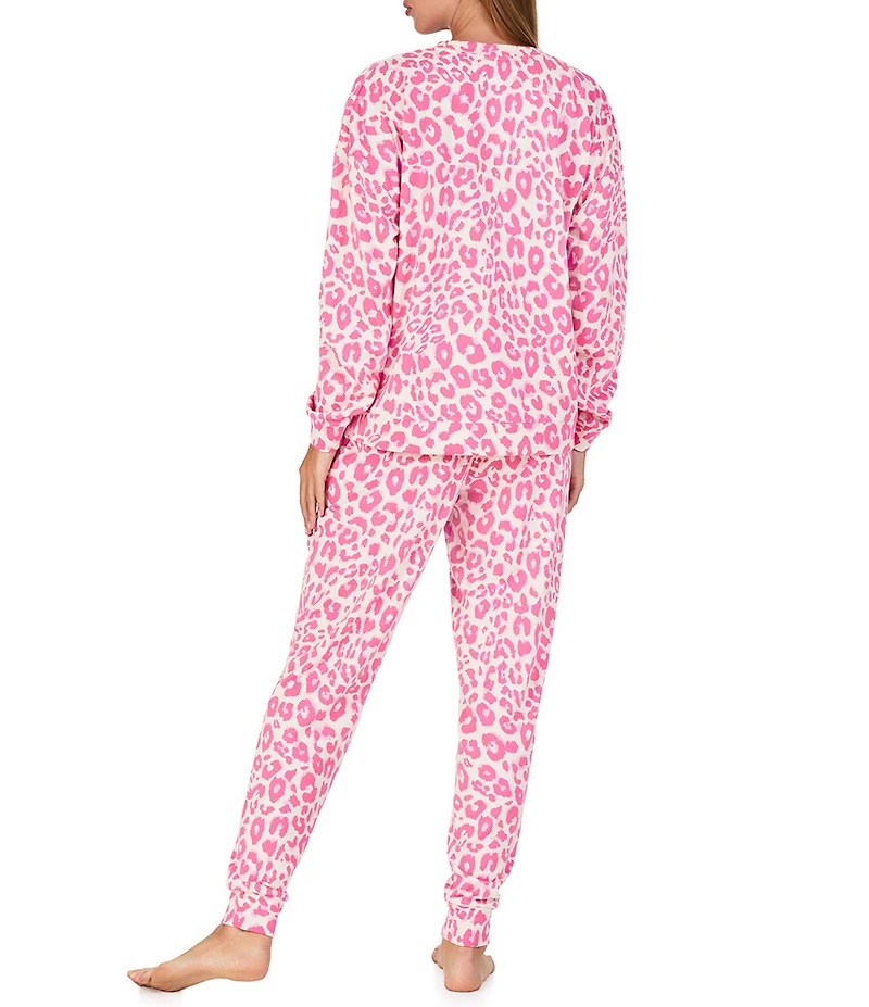 Sanctuary Pink Leopard Print Long Sleeve Round Neck Knit Jogger Pajama Set