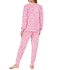 Sanctuary Pink Leopard Print Long Sleeve Round Neck Knit Jogger Pajama Set