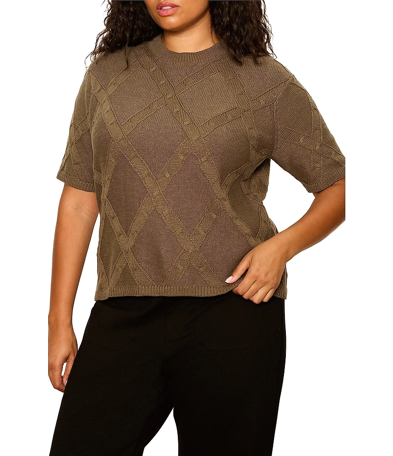Sanctuary Plus Size Diamond Stitch Round Neck Short Sleeve Sweater Tee