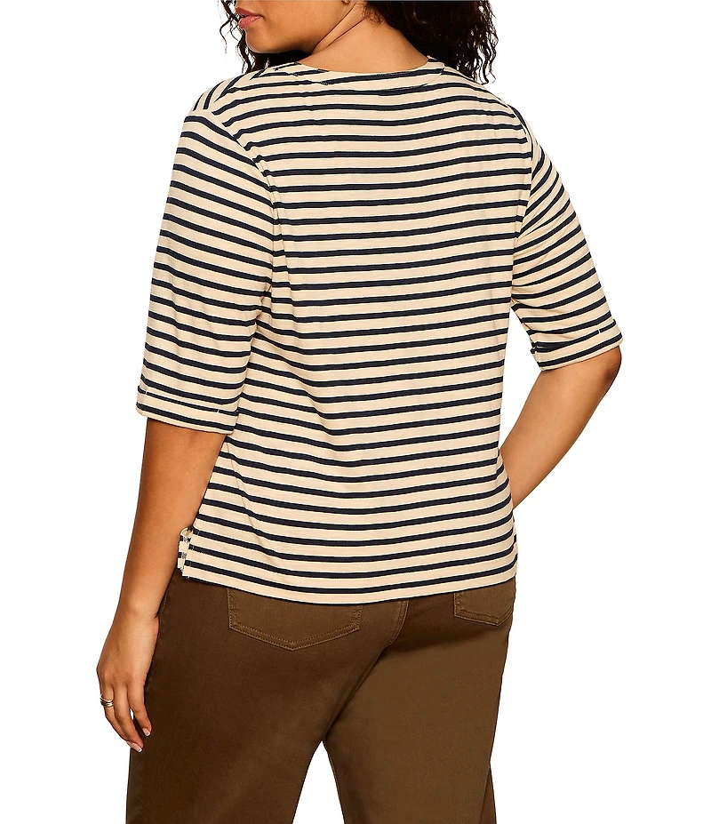 Sanctuary Plus Size Dolce Stripe Print Notch Neck 3/4 Sleeve Jersey Knit Tee