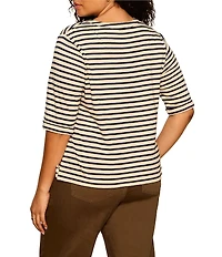Sanctuary Plus Size Dolce Stripe Print Notch Neck 3/4 Sleeve Jersey Knit Tee