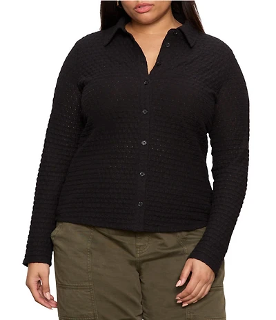 Sanctuary Plus Size Dreamer Collared Neck Long Sleeve Textured Bubble Knit Shirt