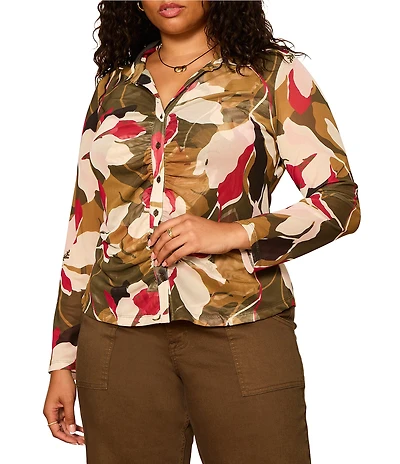Sanctuary Plus Size Dreamgirl Floral Printed Mesh Point Collar Long Sleeve Ruched Button Front Top