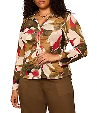 Sanctuary Plus Size Dreamgirl Floral Printed Mesh Point Collar Long Sleeve Ruched Button Front Top