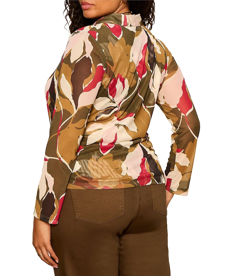 Sanctuary Plus Size Dreamgirl Floral Printed Mesh Point Collar Long Sleeve Ruched Button Front Top