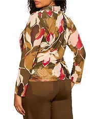 Sanctuary Plus Size Dreamgirl Floral Printed Mesh Point Collar Long Sleeve Ruched Button Front Top