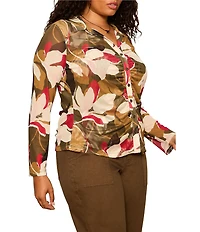 Sanctuary Plus Size Dreamgirl Floral Printed Mesh Point Collar Long Sleeve Ruched Button Front Top