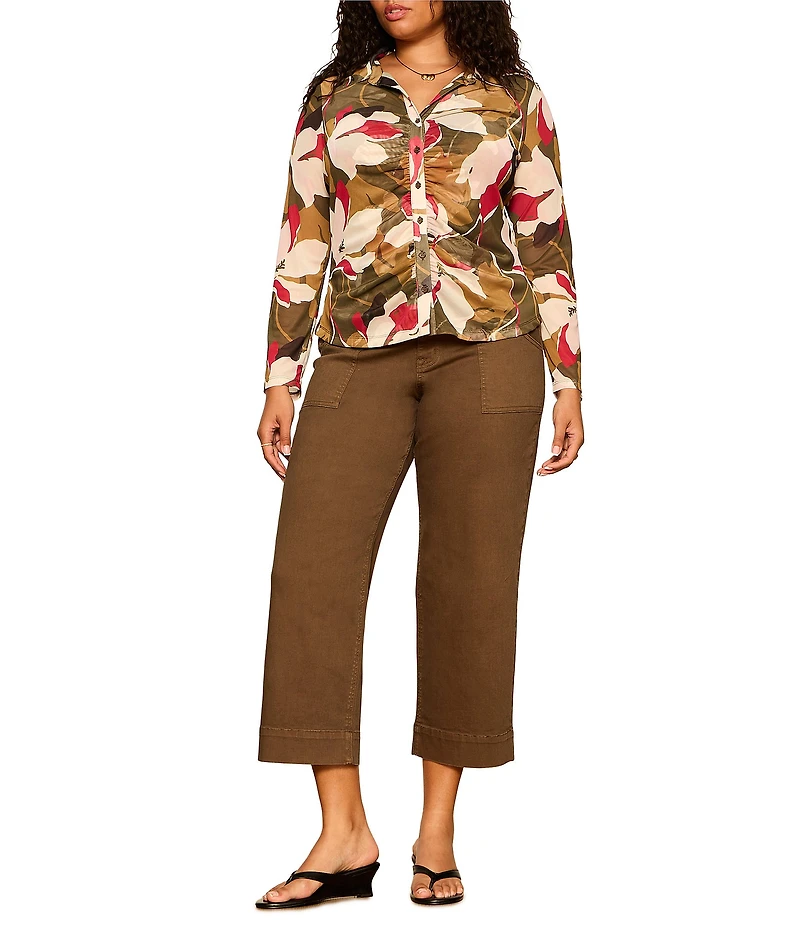 Sanctuary Plus Size Dreamgirl Floral Printed Mesh Point Collar Long Sleeve Ruched Button Front Top