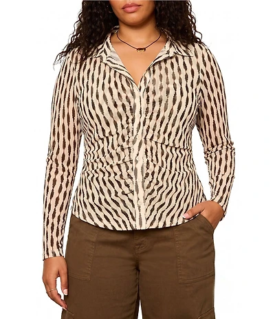 Sanctuary Plus Size Dreamgirl Printed Mesh Point Collared Long Sleeve Ruched Button Front Top