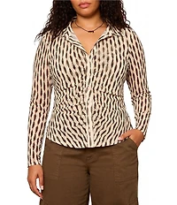 Sanctuary Plus Size Dreamgirl Printed Mesh Point Collared Long Sleeve Ruched Button Front Top