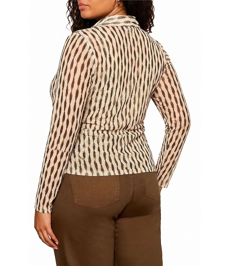 Sanctuary Plus Size Dreamgirl Printed Mesh Point Collared Long Sleeve Ruched Button Front Top