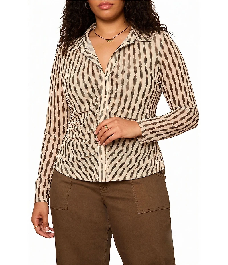 Sanctuary Plus Size Dreamgirl Printed Mesh Point Collared Long Sleeve Ruched Button Front Top