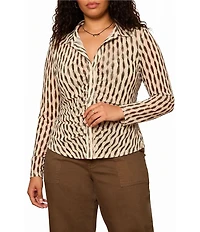 Sanctuary Plus Size Dreamgirl Printed Mesh Point Collared Long Sleeve Ruched Button Front Top