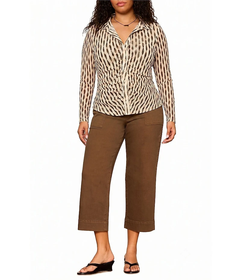 Sanctuary Plus Size Dreamgirl Printed Mesh Point Collared Long Sleeve Ruched Button Front Top