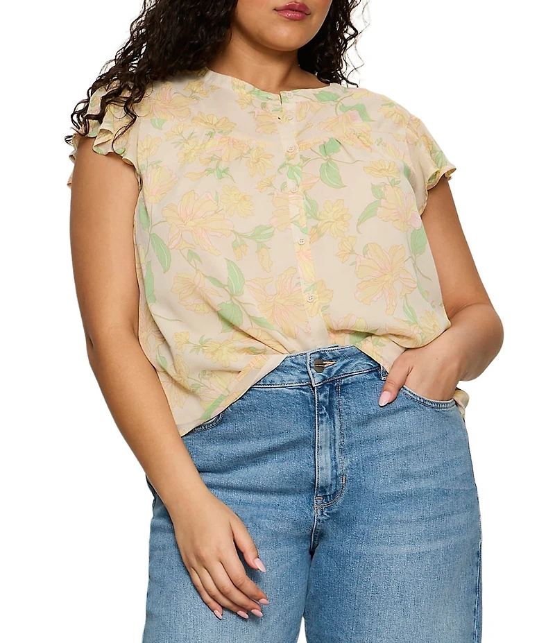 Sanctuary Plus Size Free Spirited Floral Print Banded Collar Cap Sleeve Ruffle Crinkle Crepe Top