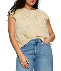 Sanctuary Plus Size Free Spirited Floral Print Banded Collar Cap Sleeve Ruffle Crinkle Crepe Top