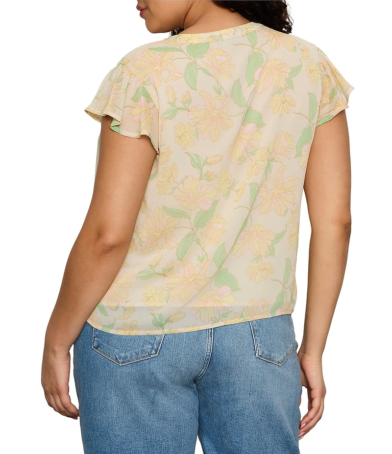 Sanctuary Plus Size Free Spirited Floral Print Banded Collar Cap Sleeve Ruffle Crinkle Crepe Top
