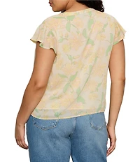 Sanctuary Plus Size Free Spirited Floral Print Banded Collar Cap Sleeve Ruffle Crinkle Crepe Top
