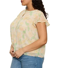 Sanctuary Plus Size Free Spirited Floral Print Banded Collar Cap Sleeve Ruffle Crinkle Crepe Top