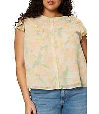 Sanctuary Plus Size Free Spirited Floral Print Banded Collar Cap Sleeve Ruffle Crinkle Crepe Top