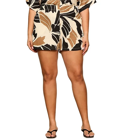Sanctuary Plus Size Good Time Printed Mid-Rise Pull On Coordinating Linen Shorts