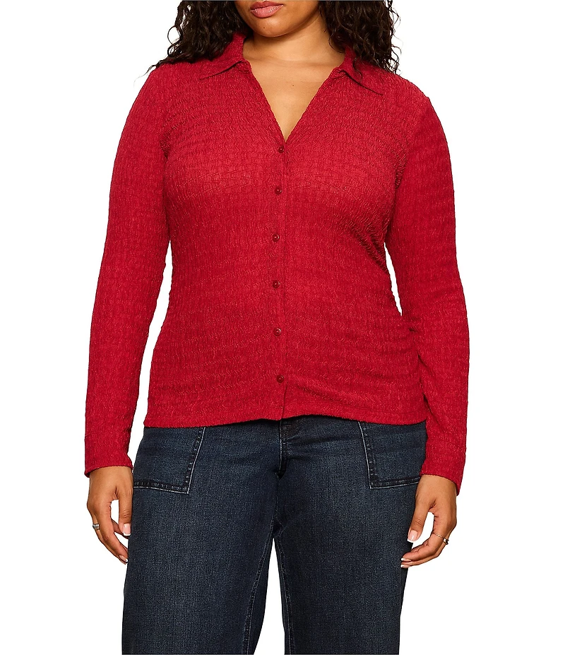 Sanctuary Plus Size Juno Textured Spread Collar Long Sleeve Button Front Knit Top