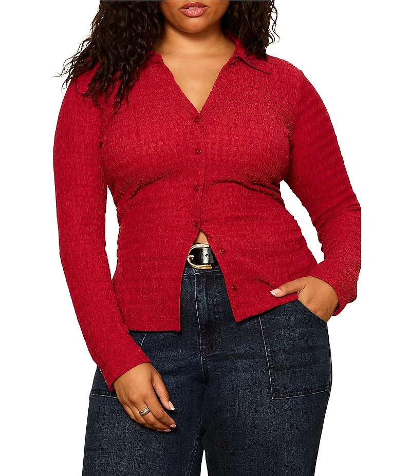 Sanctuary Plus Size Juno Textured Spread Collar Long Sleeve Button Front Knit Top