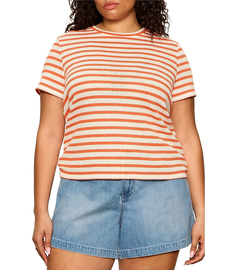 Sanctuary Plus Size Perfect Textured Striped Print Crew Neck Short Sleeve Tee