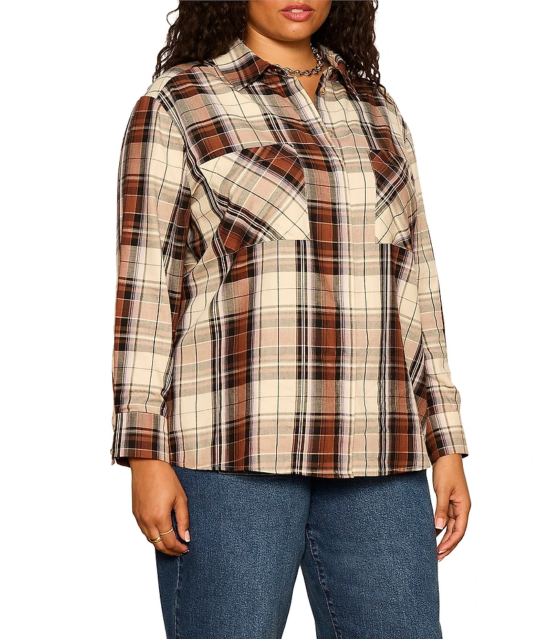Sanctuary Plus Size The City Haze Plaid Print Spread Collar Long Sleeve Button Front Shirt