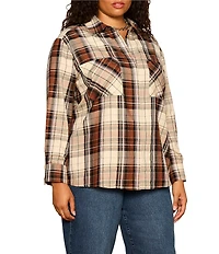 Sanctuary Plus Size The City Haze Plaid Print Spread Collar Long Sleeve Button Front Shirt