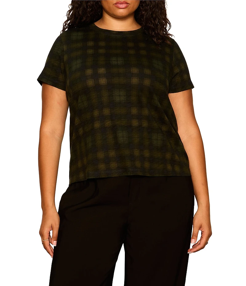 Sanctuary Plus Size The Perfect Tee Plaid Printed Crew Neck Short Sleeve Top