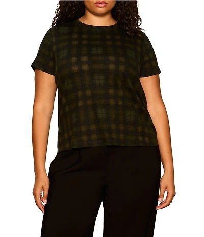 Sanctuary Plus Size The Perfect Tee Plaid Printed Crew Neck Short Sleeve Top