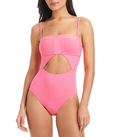 Sanctuary Refresh Rib Splice Banded Square Neck One Piece Swimsuit