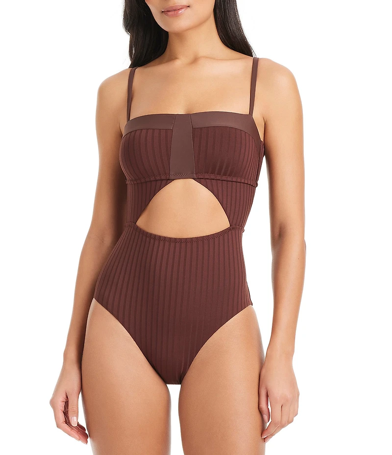 Sanctuary Refresh Rib Splice Banded Square Neck One Piece Swimsuit