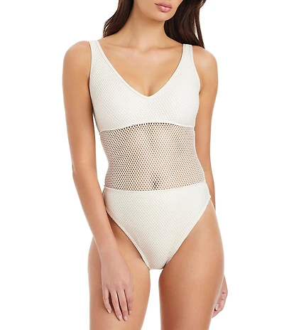 Sanctuary Sea Crochet V-Neck High Leg Moderate Coverage Tank One Piece Swimsuit