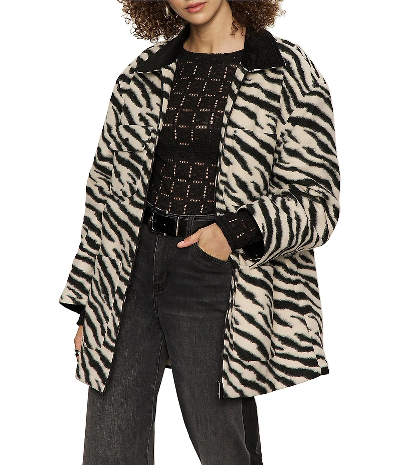 Sanctuary Soiree Zebra Print Collared Long Sleeve Barn Jacket