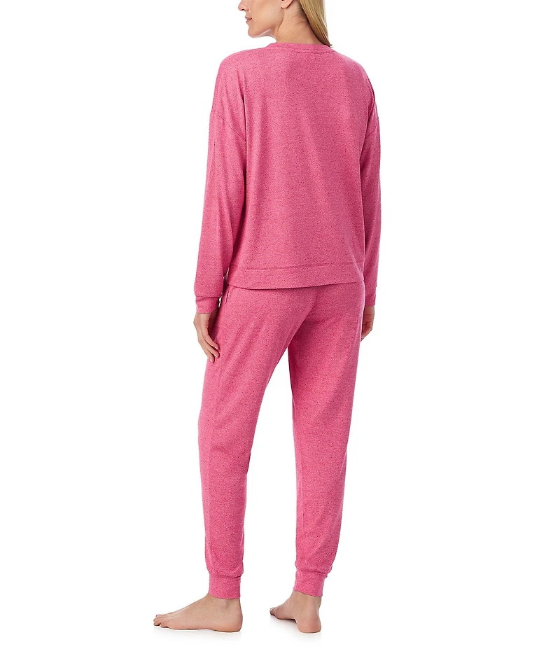 Sanctuary Solid Heathered Long Sleeve Pullover & Jogger Brushed Sweater Jersey Pajama Set
