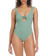 Sanctuary Stay Connected Solid Cap Sleeves Plunge One Piece Swimsuit